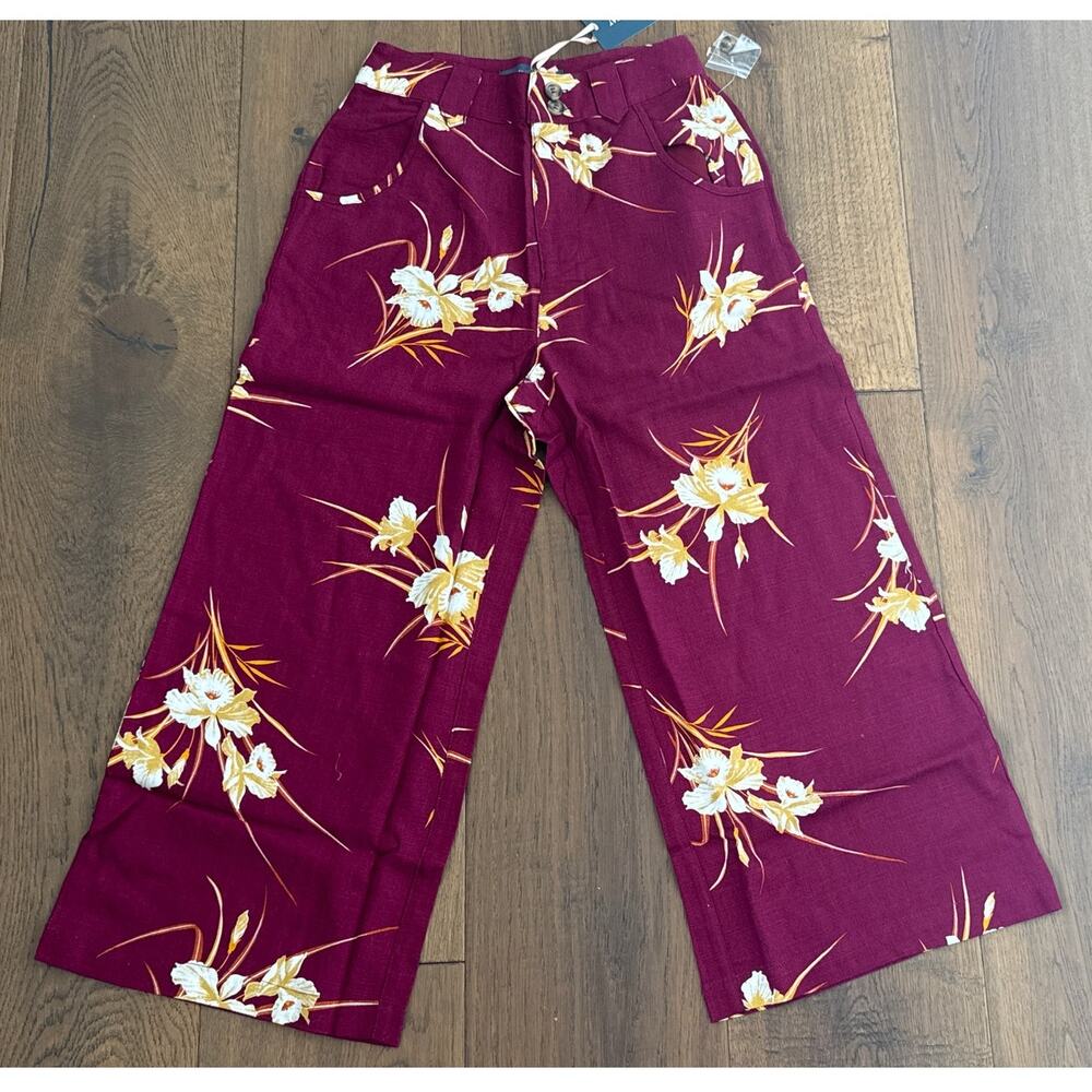 ModCloth Floral Print Linen Wide-Leg Cropped Pants Burgundy Womens Sz 00 NWT